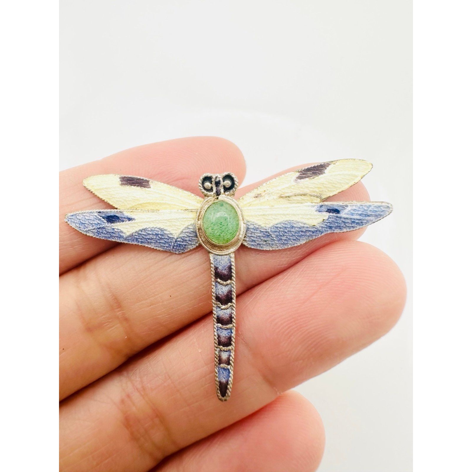 Signed Sterling Silver Artisan Dragonfly Green Stone Charm Pendant 85$
